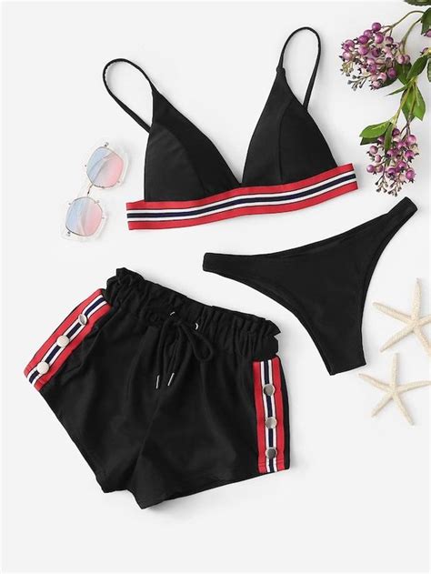 Striped Bikini Set And Shorts 3pcs Sheinsheinside Swimsuits Outfits Trendy Swimsuits Cute
