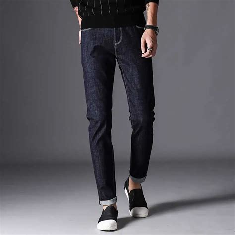 men s slim fit dark blue jeans solid original deep color denim pants autumn 2017 dark blue jeans