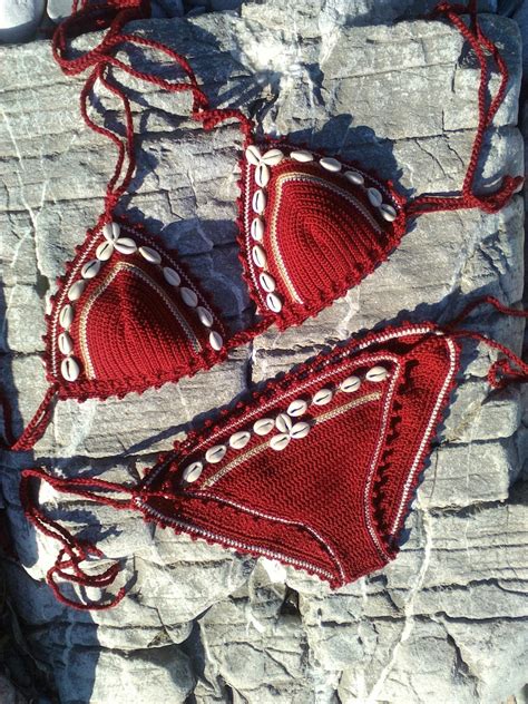 crochet bikini dark red sea shells bikini crochet swimwear etsy