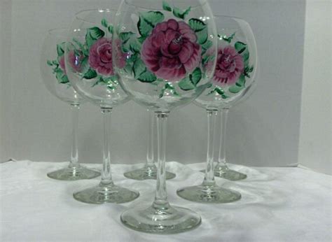 Pink Roses Wine Glasses Set Of 6 Handpainted Clear By Janetscrafts