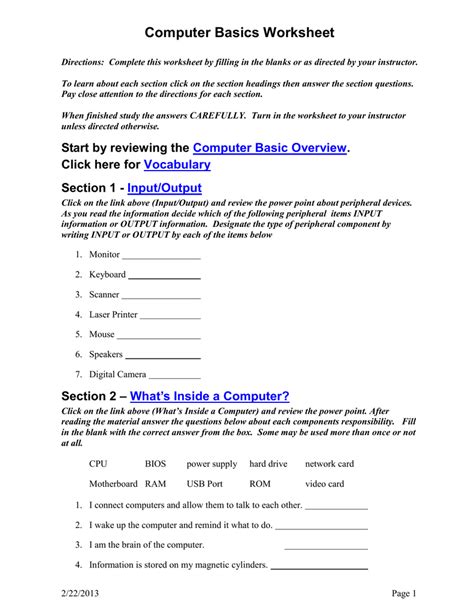 Computer Basics Worksheet Answer Key Worksheets For Home Learning