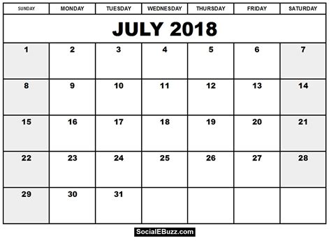 July 2018 Calendar Printable Template July Calendar 2018 July 2018
