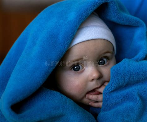 Retrato Del Bebé De Ojos Azules Hermoso Envuelto Adentro A La Manta