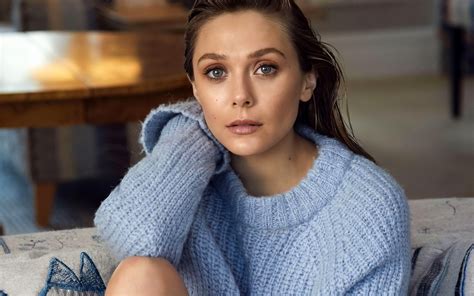 Download Wallpapers Elizabeth Olsen Portrait American Actress Photoshoot Blue Knitted