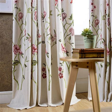 Red Flower Linen Curtains Exquisite Embroidered Drapes For Living Room