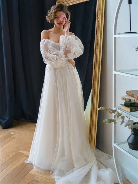 Strapless A Line Wedding Dress With Long Puffy Sleeves