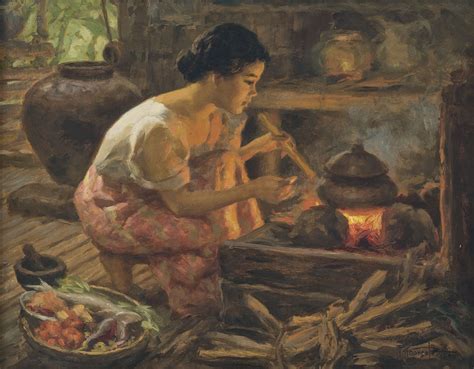 Fernando Cueto Amorsolo Girl Preparing A Meal Signed And Dated 1959