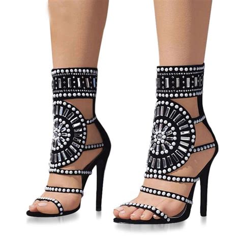women fashion open toe rhinestone design high heel sandals crystal ankle wrap glitter diamond