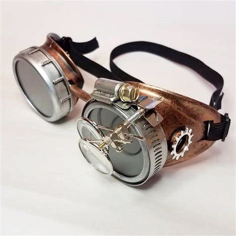 copper and silver steampunk goggles with silver gears and magnifying loupes sunglasses