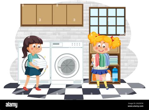 two girls doing laundry together illustration stock vector image and art alamy
