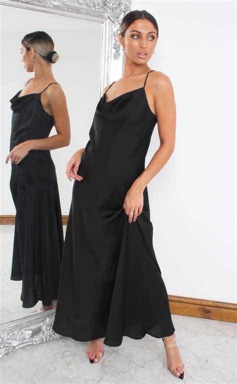 Luxury Black Satin Cowl Neck Maxi Dress