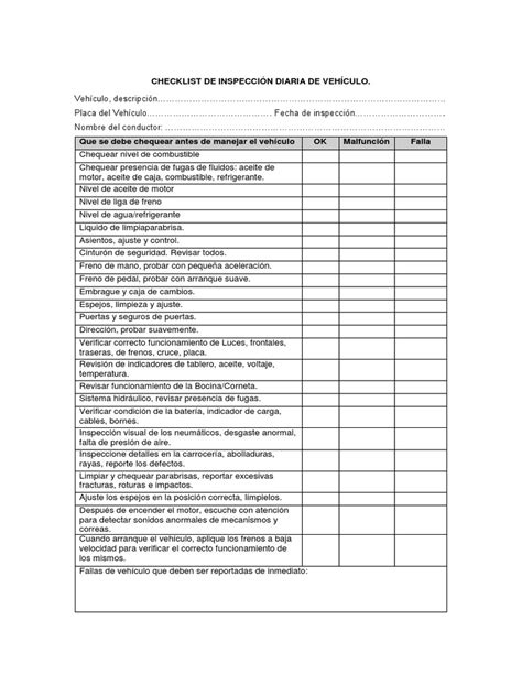 Formato Checklist De Inspección Diaria De Vehículo Orden Y Limpieza