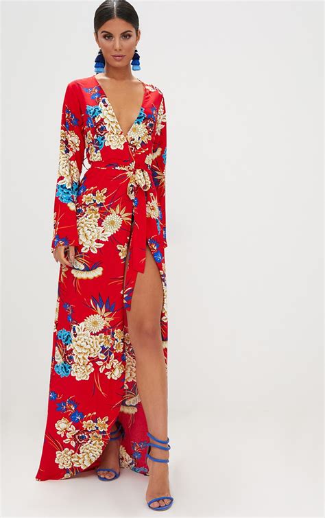 Red Floral Print Kimono Maxi Dress Dresses Prettylittlething