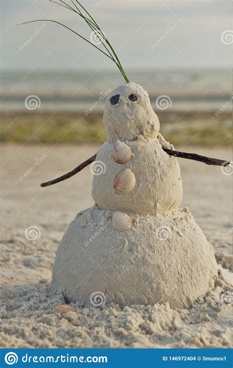 Florida Snowman Made Out Of Sand Celebrating Tropical Hot And Happy New Year Stock Photo Image
