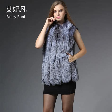 2018 New Women S Real Genuine Silver Fox Fur Coat 70cm Long Sleeveless