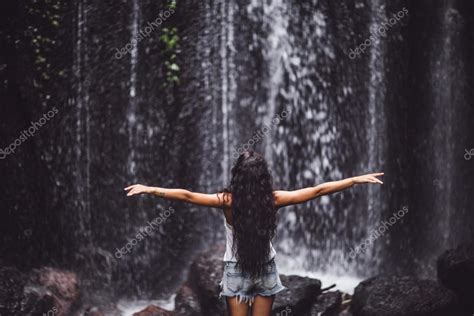Beautiful Woman Near Waterfall — Stock Photo © Olegbreslavtsev 122034160