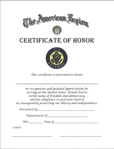 Veteran Certificate Of Honor