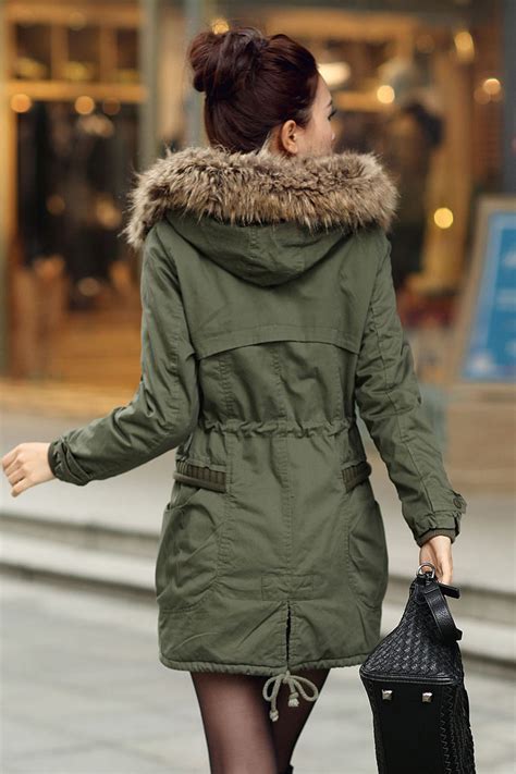 Womens Winter Coats Faux Fur Lining Parka With Fur Hood In Green On Luulla