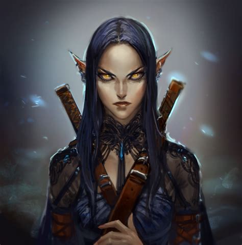 A Woman With Blue Hair And Horns Holding Two Swords In Her Hands