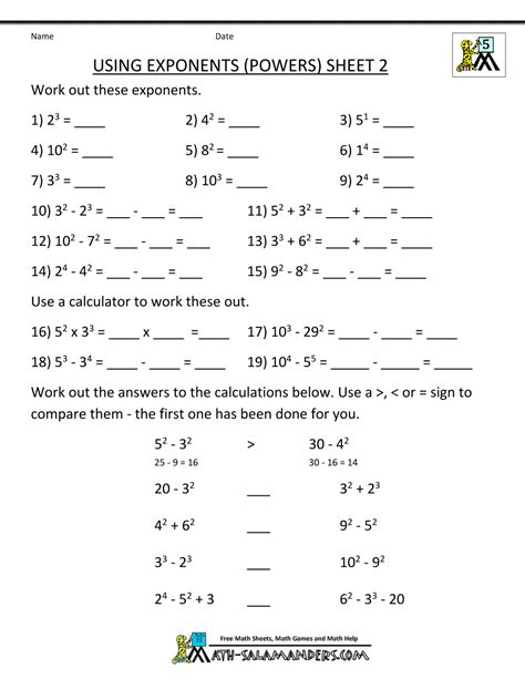 Exponents Worksheets 5th Grade