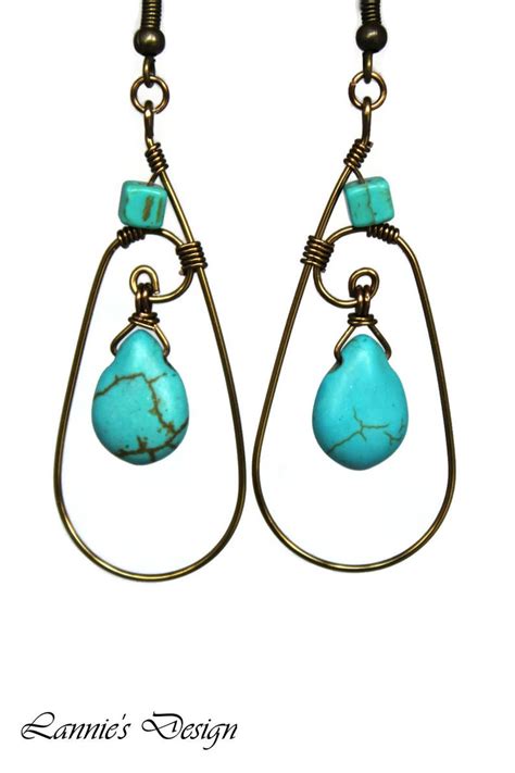 Turquoise Teardrop Dangling Earrings Wire Wrapped Antiqued Etsy