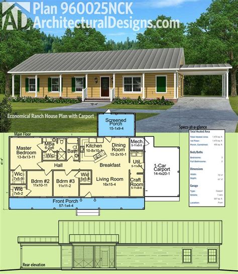 Designs include everything from small houseplans to luxury homeplans to farmhouse floorplans and garage. Plan 960025NCK: Economical Ranch House Plan with Carport in 2020 | Simple house plans, Ranch ...