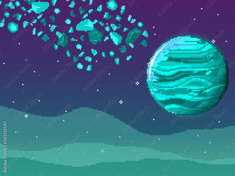Pixel Art Planet In Space With Asteroids Retro Game Design Interface