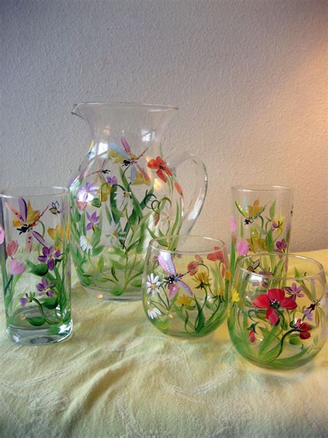 Set Of 12 Glasses And Matching Pitcher Dragonflies And Wildflowers Painted Glass Vases