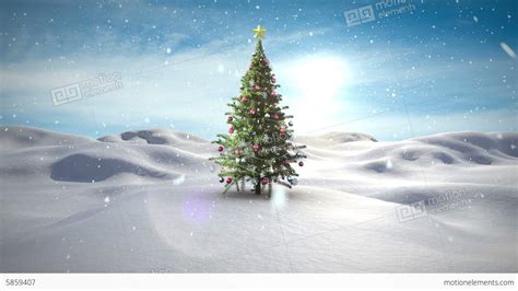 Snow Falling Christmas Tree In Snowy Landscape Stock
