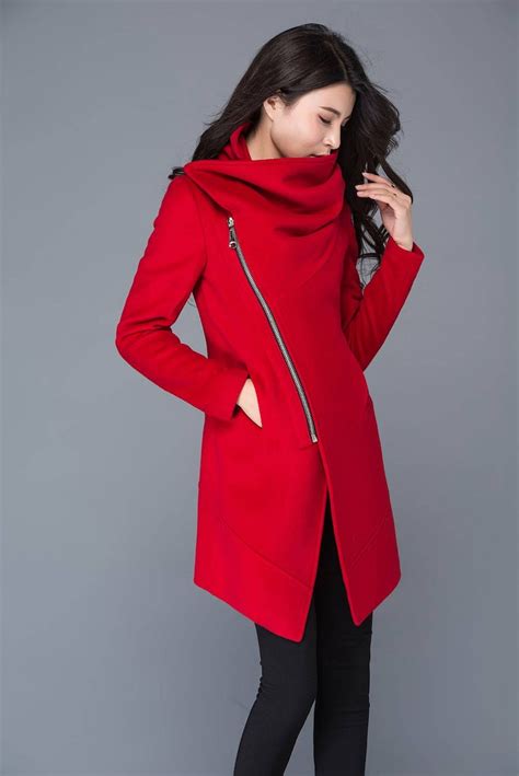Red Wool Coat Asymmetrical Wool Coat Cowl Neck Wool Jacket Etsy