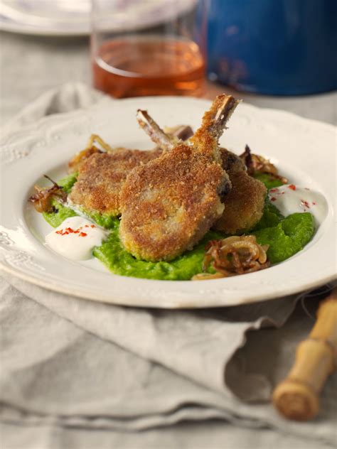 Crispy Lamb Cutlets With Pea Mash And Golden Onions Shared Kitchen