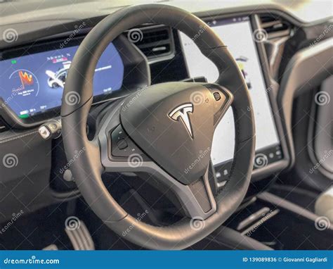 New York City December 1 2018 Interior Of Tesla Car With Steering