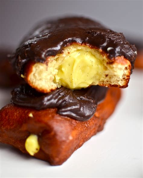 Custard Filled Long John Doughnuts With Dark Chocolate Frosting