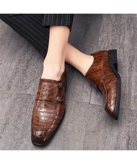 Dark Brown Croc Pattern Monk Strap Leather Slip On Dress Shoe Mens
