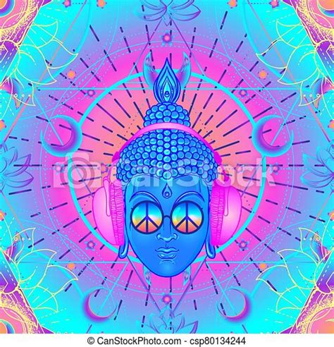 Psychedelic Seamless Pattern With Buddha In Headphones Over Sacred