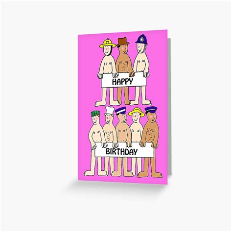 Naked Cartoon Happy Birthday Men In Hats Greeting Card For Sale By Katetaylor Redbubble