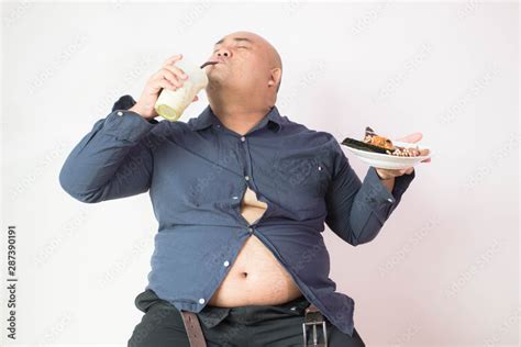 Asian Bald Fat Man With Big Belly Happy In Food Stock Foto Adobe Stock