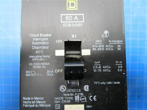 Square D Type Edb 3 Pole 60 Amp 340 Vac Circuit Breaker Edb34060