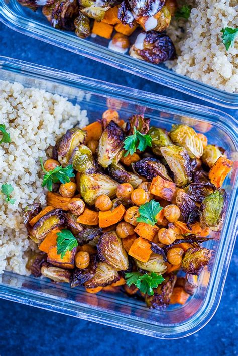 I like to meal prep at the beginning of each week, but feel free to choose a day that works with your schedule. Roasted Sweet Potato and Chickpea Meal Prep Bowls - She ...