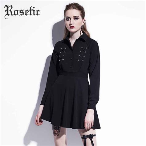 Rosetic Gothic Mini Dress Black Lace Up Women Autumn Casual Dress A Line Button Lapel Fashion