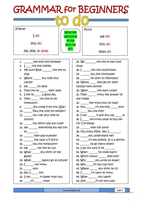 These are appropriate both as a resource for english teachers and for students (the solutions to each exercise are included in the back of each book). Grammar for Beginners: to do worksheet - Free ESL ...