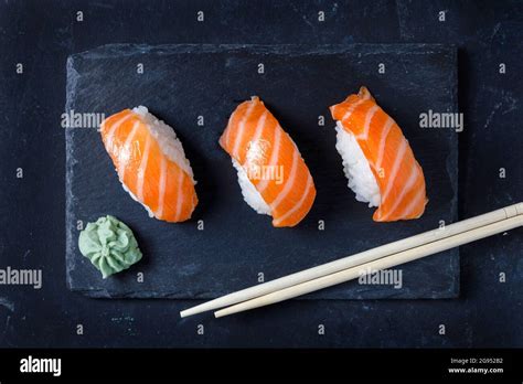 Gourmet Sushi Served On Black Slate Plate Stock Photo Alamy