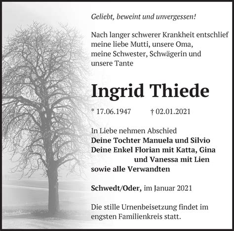 Traueranzeigen Von Ingrid Thiede Märkische Onlinezeitung Trauerportal