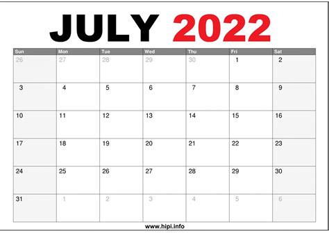 July 2022 Calendar Us Printable