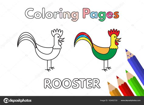 Colorear los elementos de una lista. Libro para colorear gallo de dibujos animados — Vector de ...