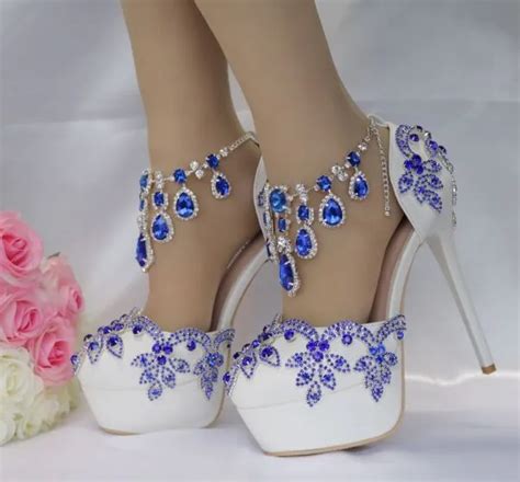 Charming Royal Blue Wedding Shoes 2018 Crystal Rhinestone 14 Cm