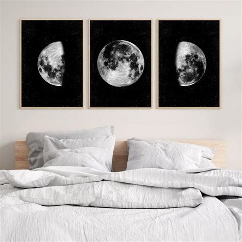 Set Of 3 Moon Phases Print Moon Phases Wall Art Set Moon Etsy Space