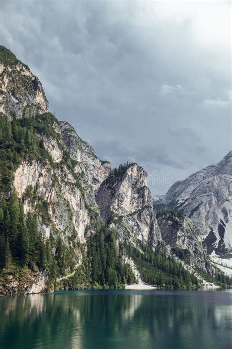 Big Mountains In Lago Di Braies Dolomites Alps Italy Stock Photo