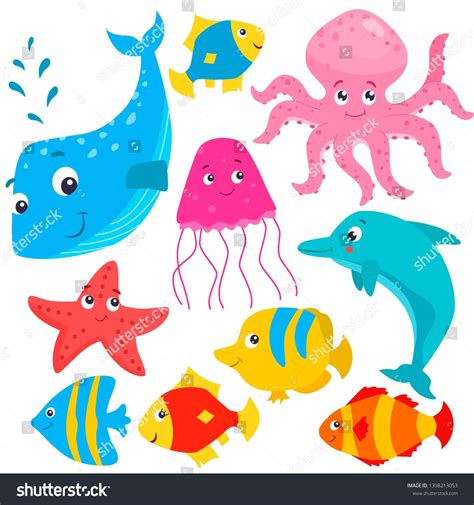 Set Of Cartoon Colorful Cute Sea Animals Vector Flat