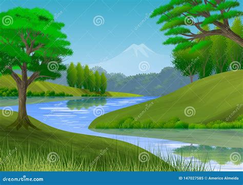 Nature Landscape With Mountain Trees Hills And A River Stock